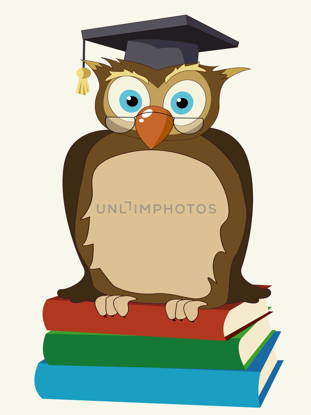 Stylized owl with eye glasses sitting on top of books
