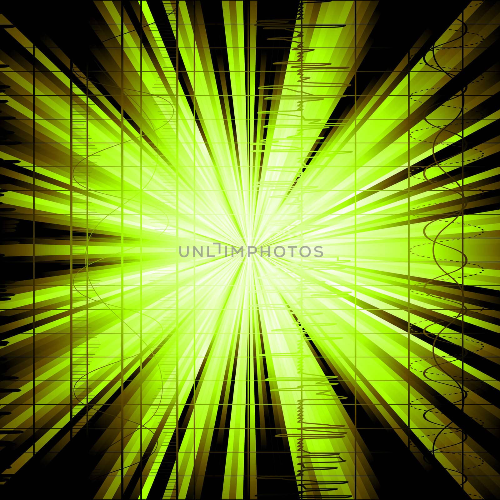 Techno style background with exploding rays and scale music waves