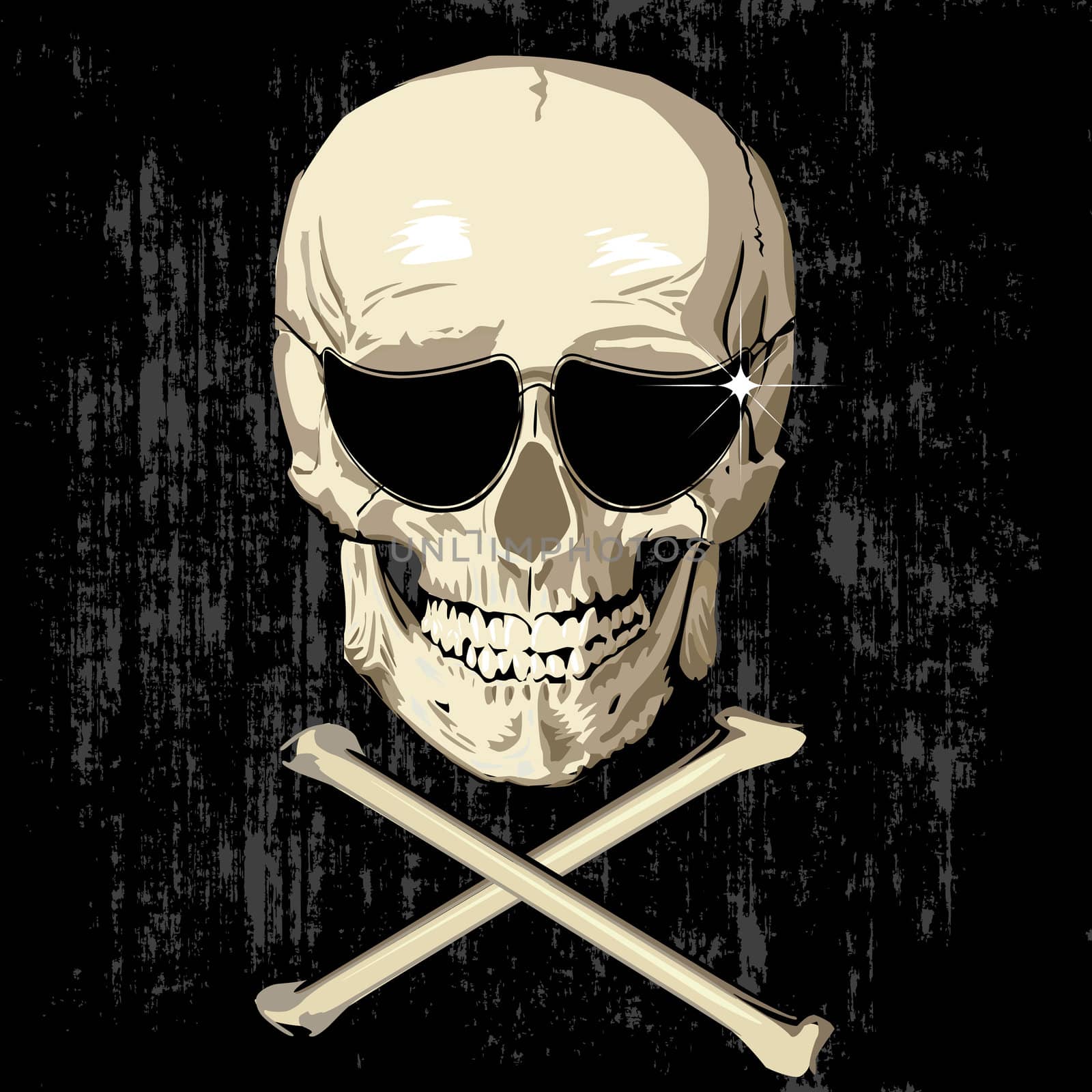 Grunge background with human skull wearing sunglasses and bones
