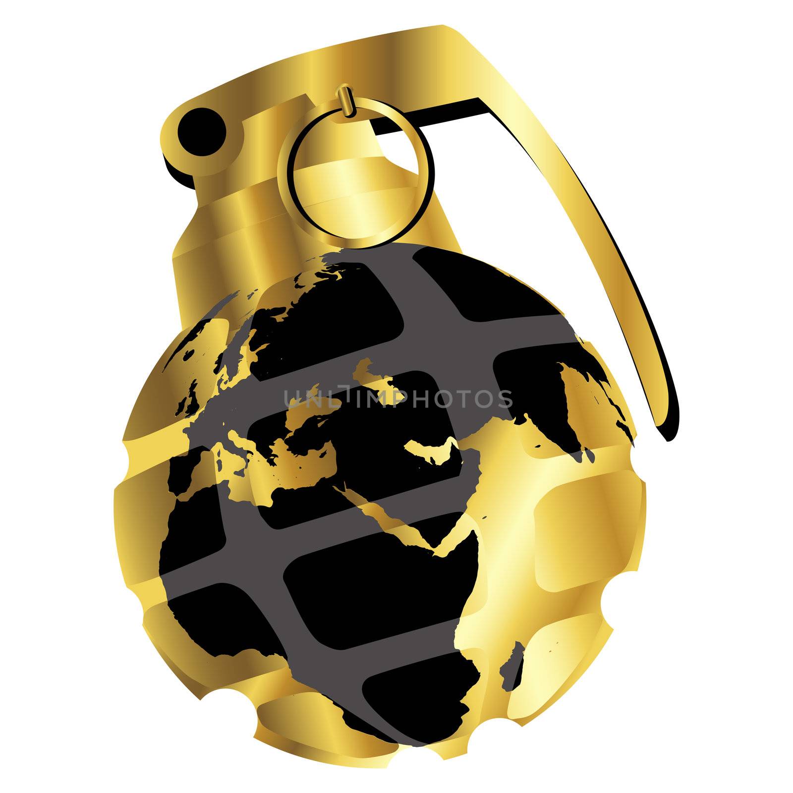 Stylized hand grenade with globe map in gold