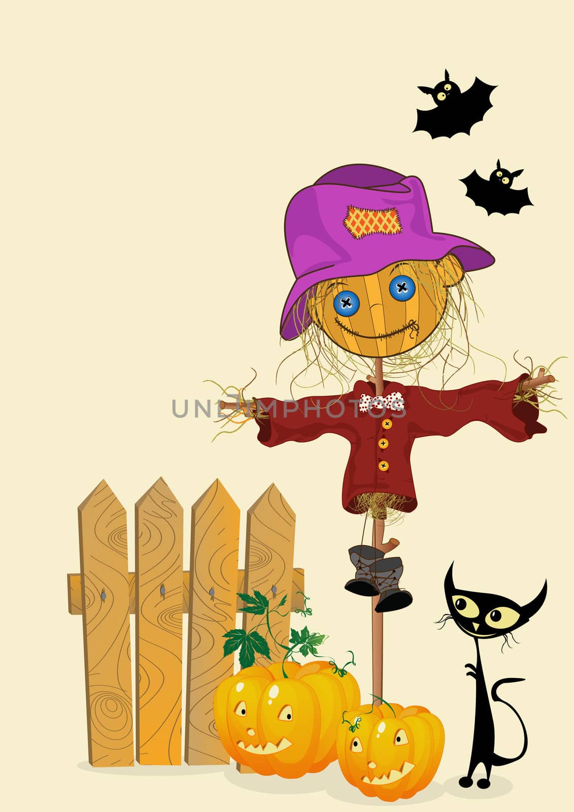 Scarecrow and pumkins, celebration card