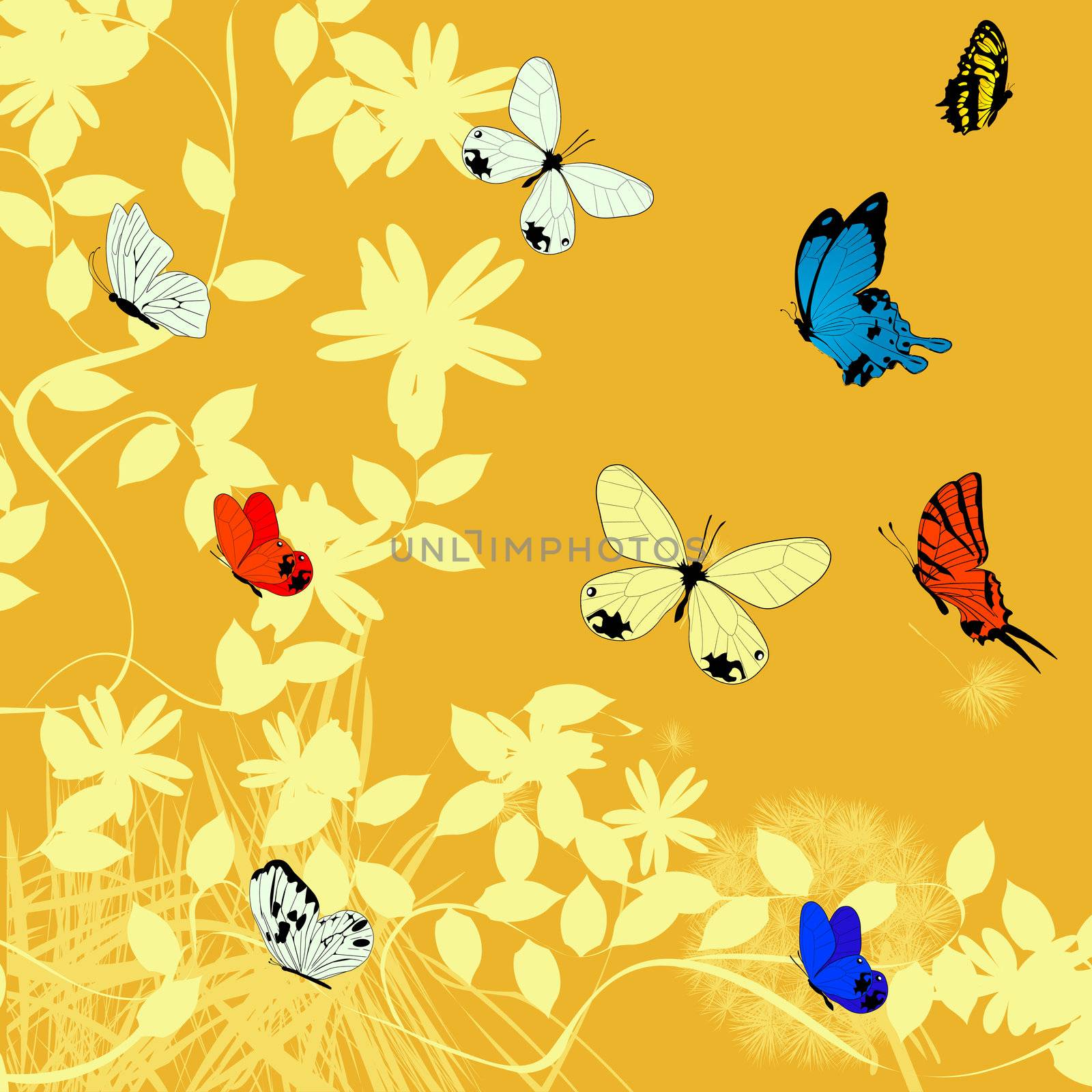 Spring time background with flowers and butterflies