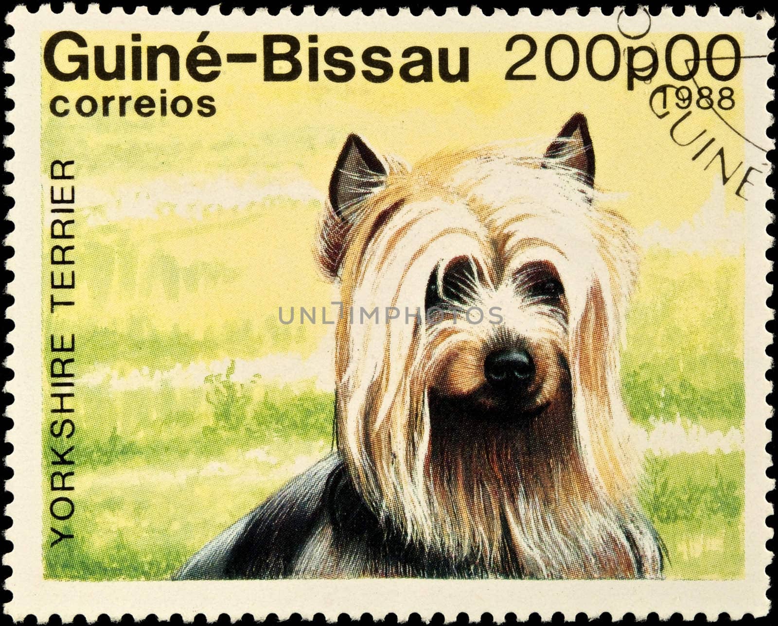 GUINEA-BISSAU - circa 1988:postage stamp features a Yorkshire Terrier dog, circa 1988 in the Republic of Guinea-Bissau.