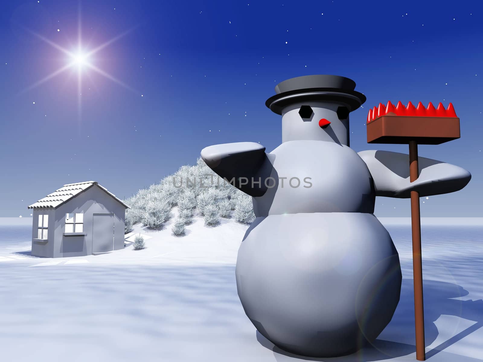 snowman and snow-covered landscape