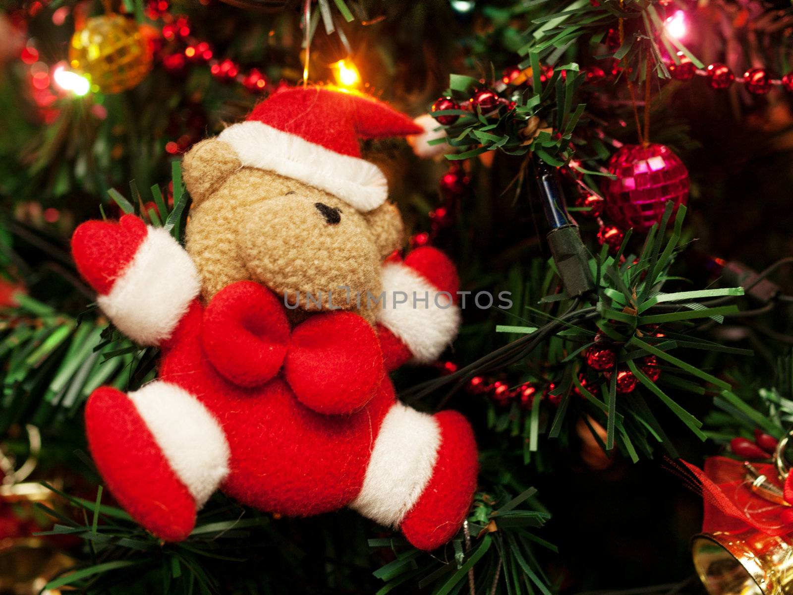 Closeup of a Christmas tree decoration with teddy bear