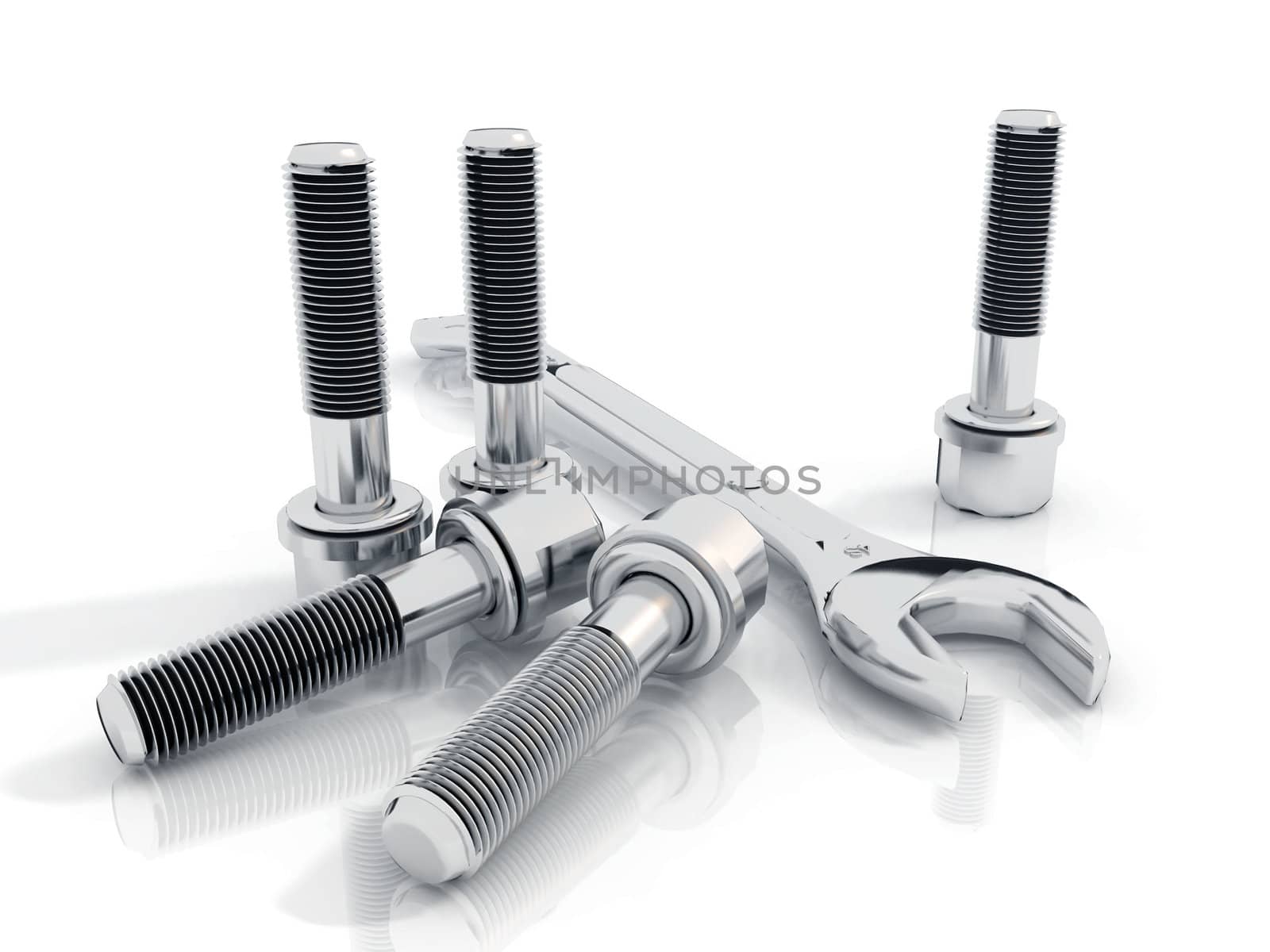 bolts  and wrench on white background by njaj