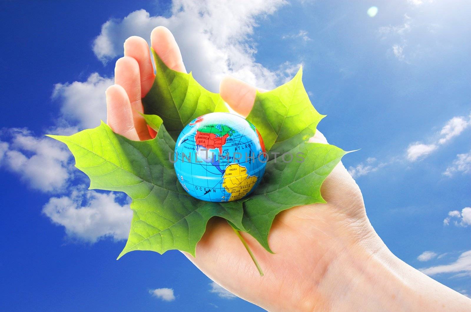 save the world concept with hand leaf and globe