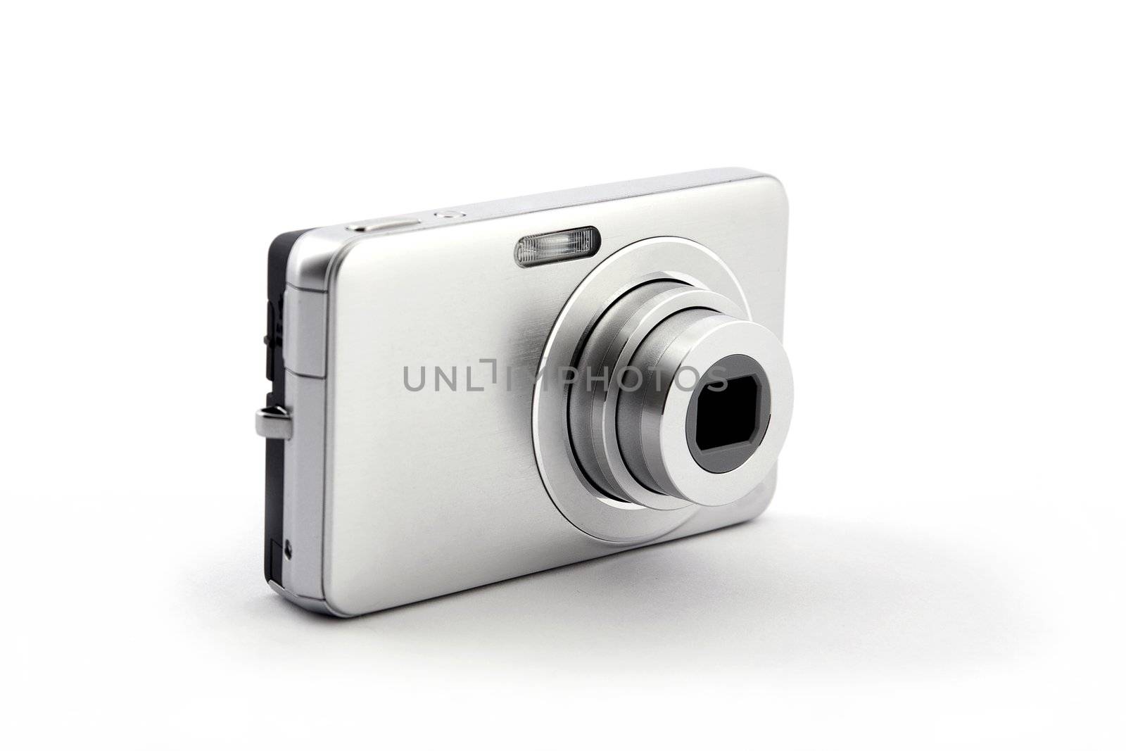 silver digital compact photo camera isolated on white background 