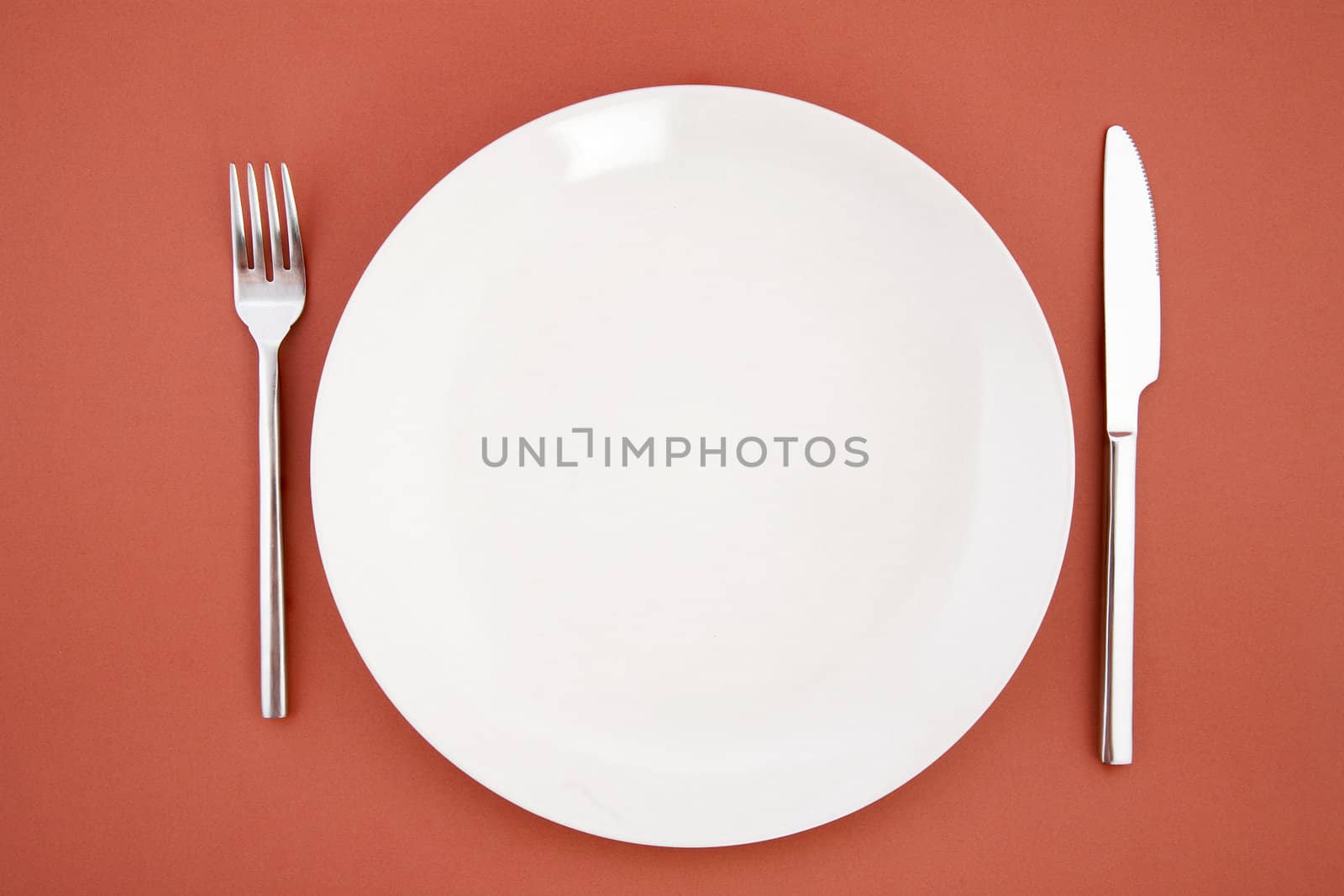 top view of white plate, fork and knife, restaurant tableware