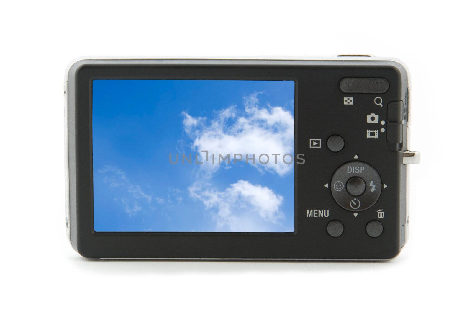 rear view of photo camera isolated on white background with picture of sky