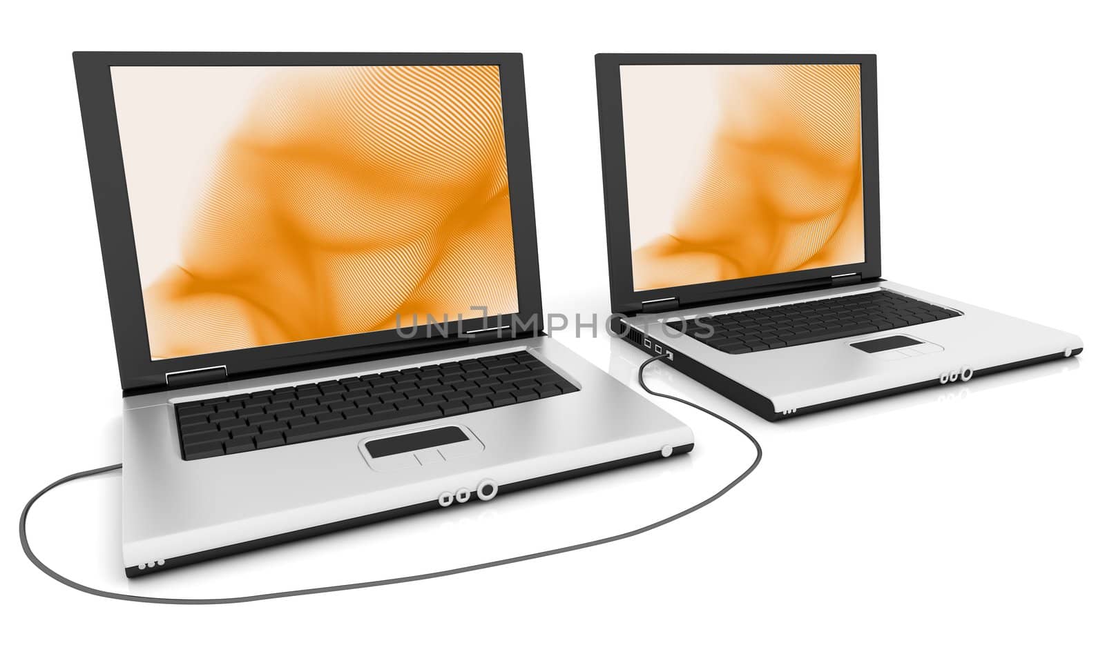 Two computers connected together on isolated background