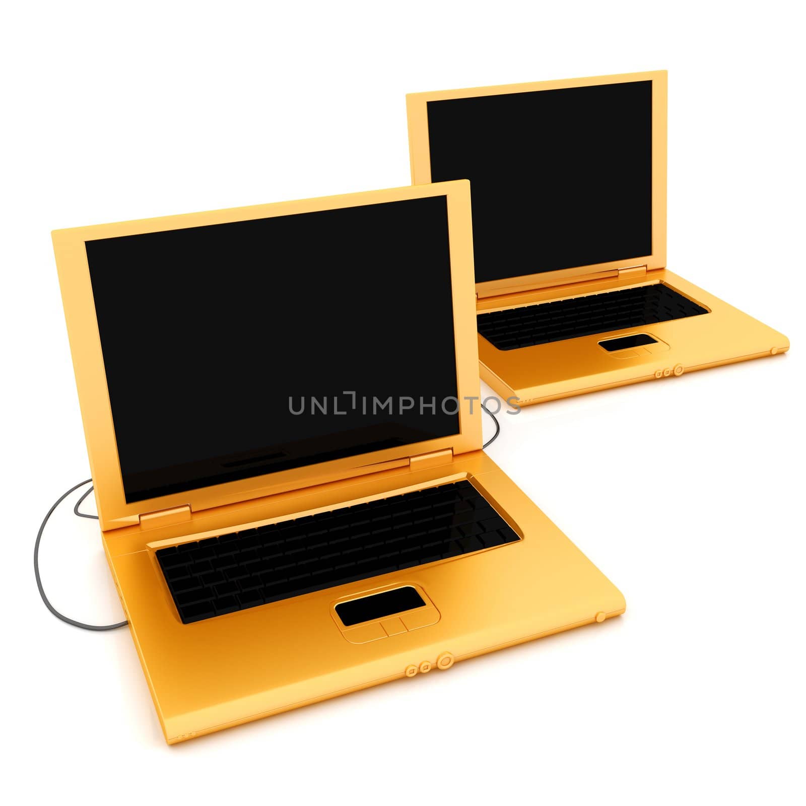 Two computers connected together on isolated background