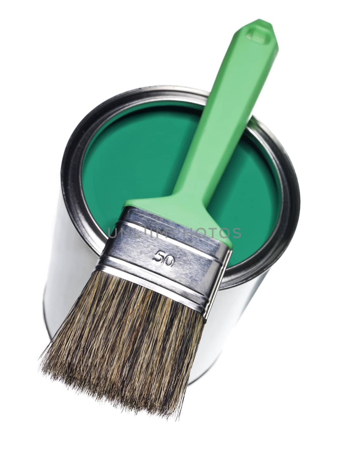 Green Paint can and brush isolated on white background