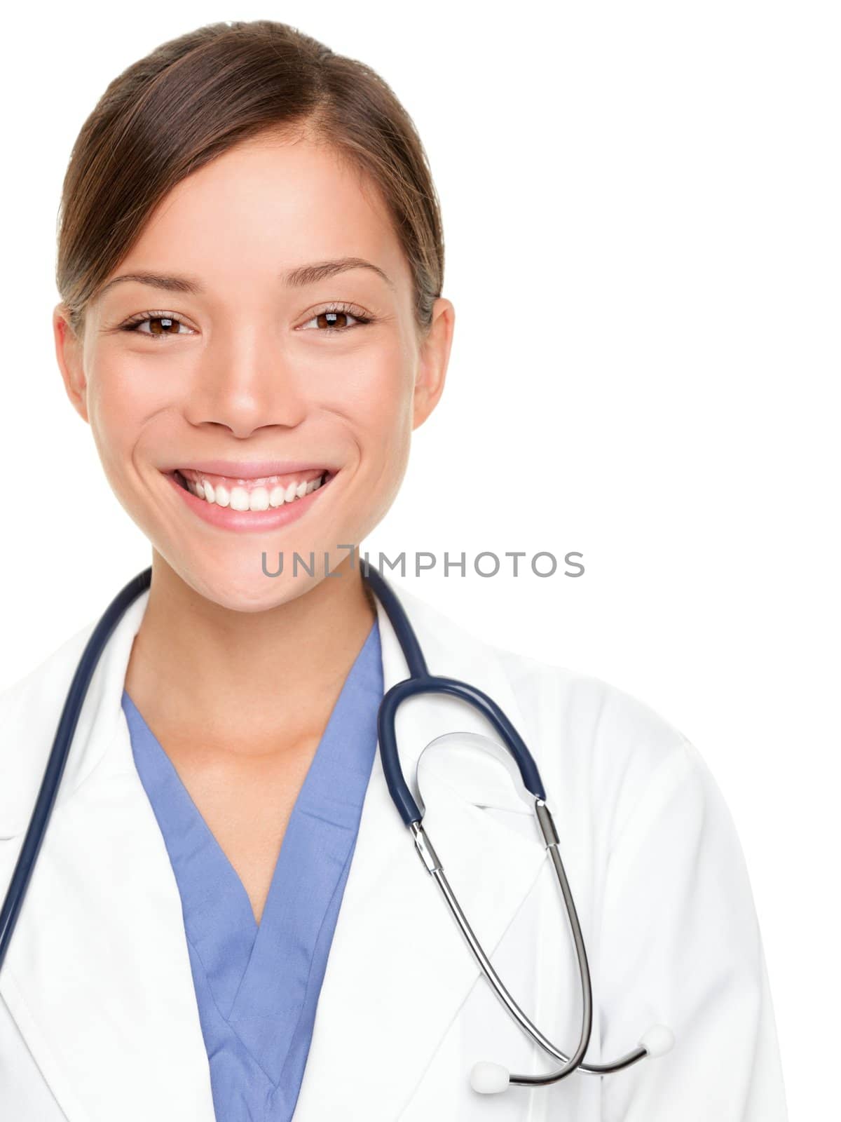 Female medical doctor smiling portrait. Multiracial Asian / Caucasian woman medical professional isolated on white background.