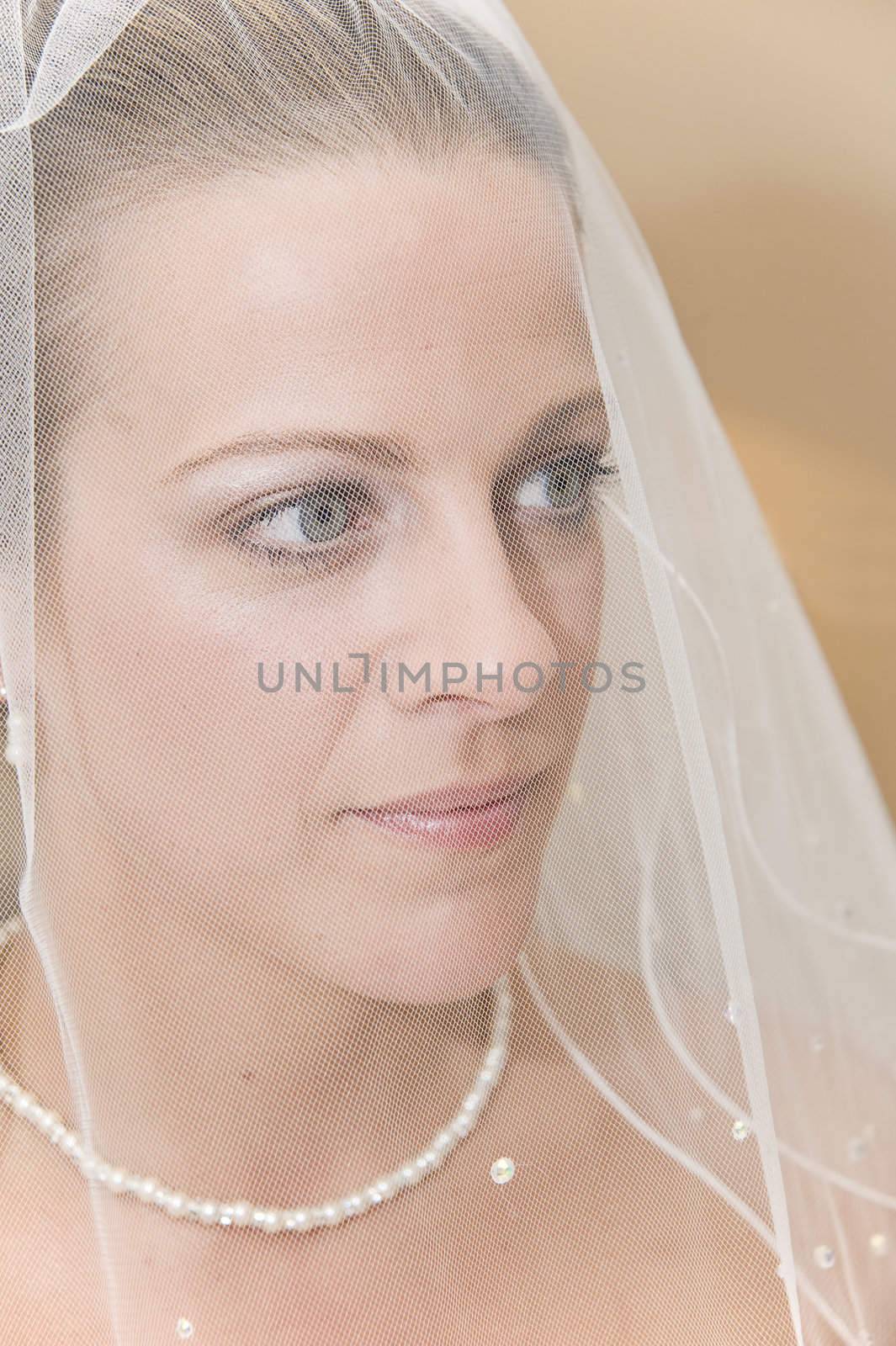 Close up portrait of beautiful young bride behind veil