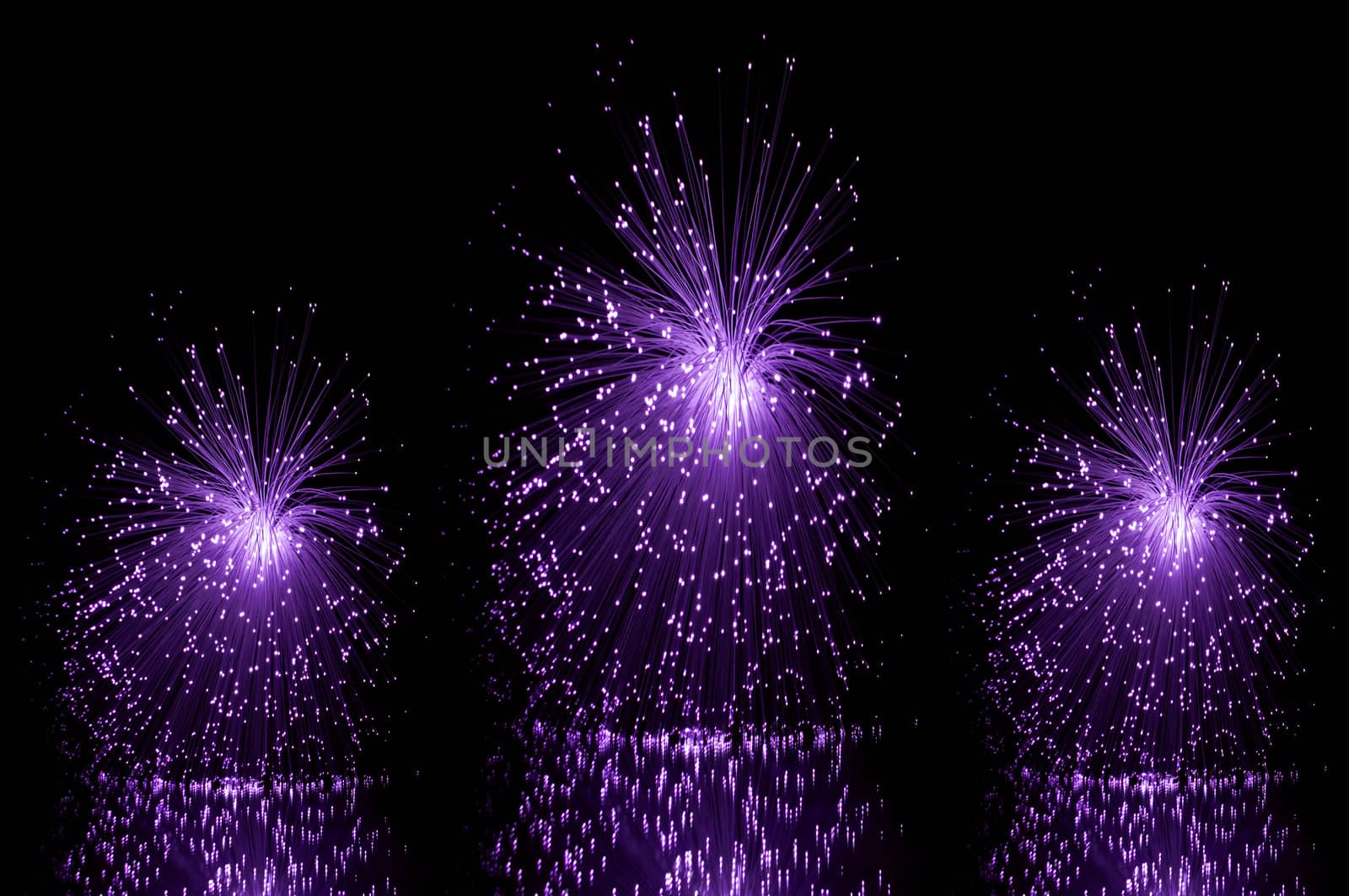 Low level angle capturing three violet groups of illuminated fibre optic light strands against a black background and reflecting into the foreground.