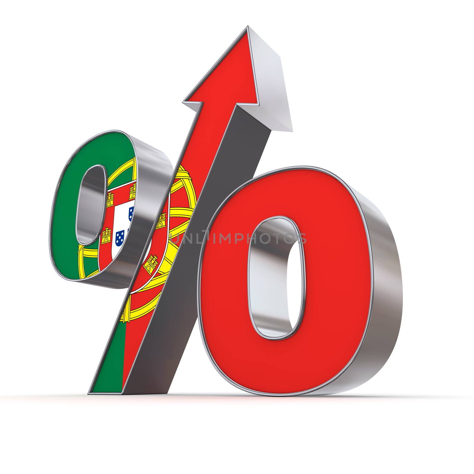 shiny metallic percentage symbol with an arrow up - front surface textured with the portuguese flag