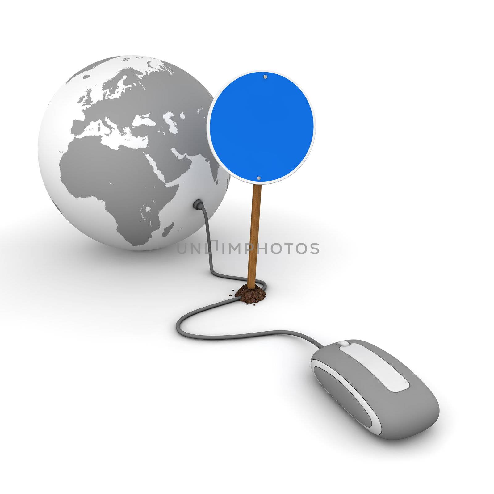 red computer mouse is connected to a grey globe - surfing and browsing is blocked by a blue round mandatory-sign - empty template