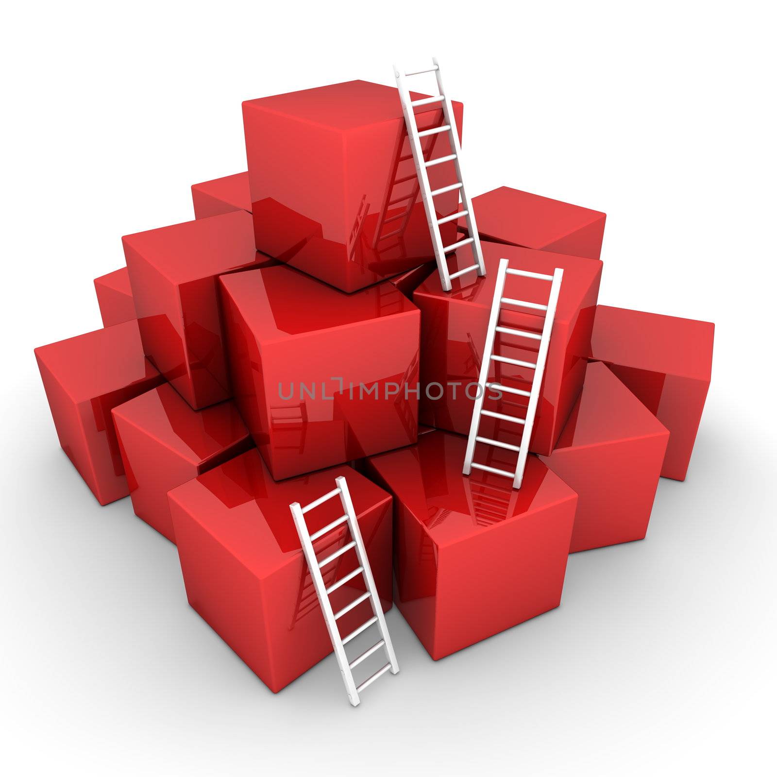 a pile of shiny red boxes - three bright white ladders are used to climb to the top