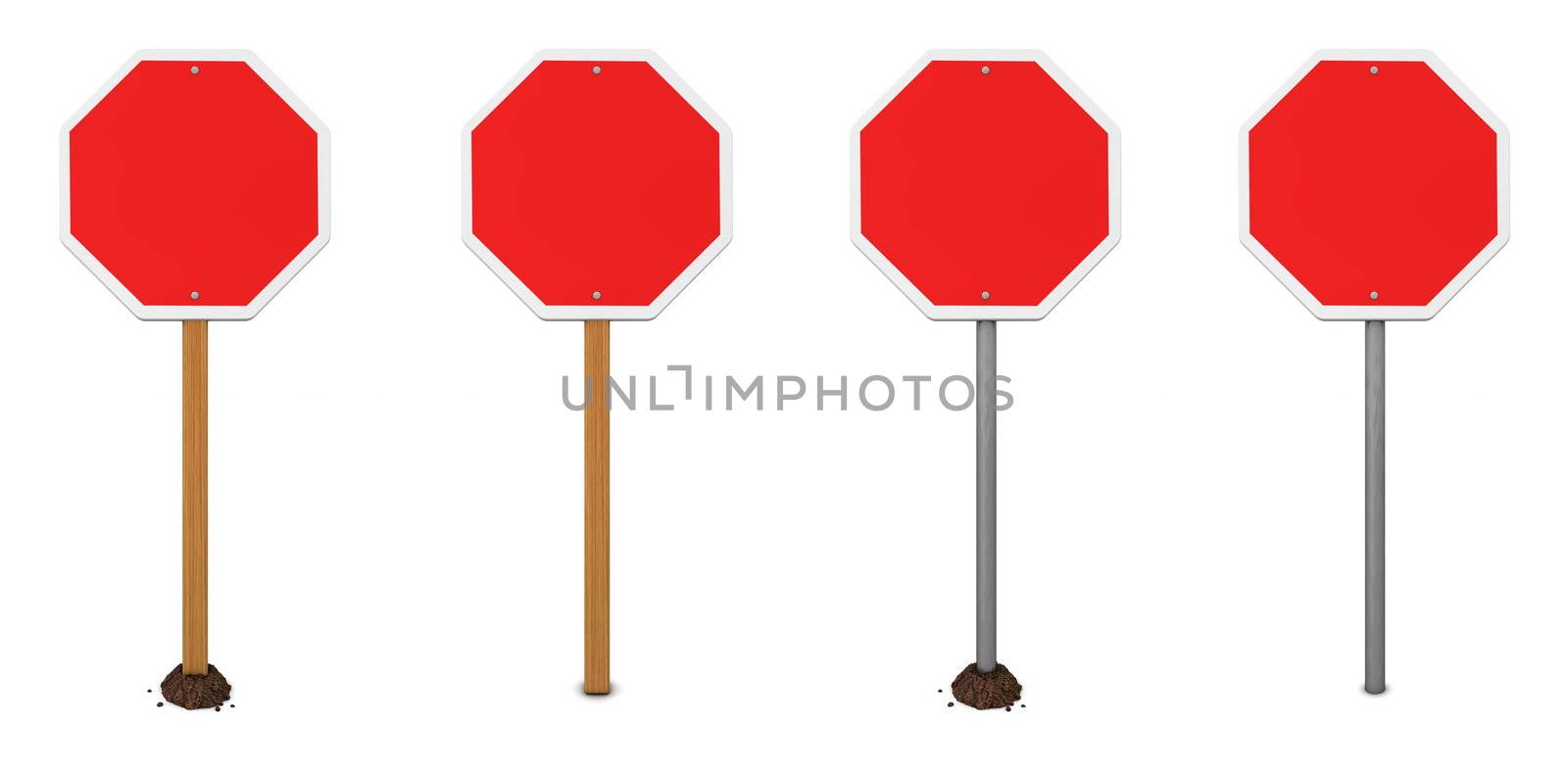 stop sign with no text and four different posts - wood and metal - with, without mound of earth