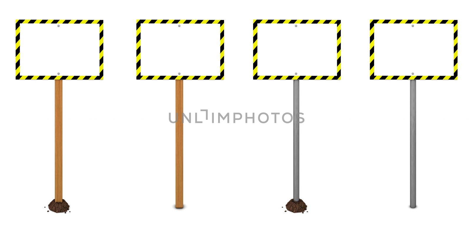 warning sign with black-yellow warning tape edges and four different posts - wood and metal - with, without mound of earth