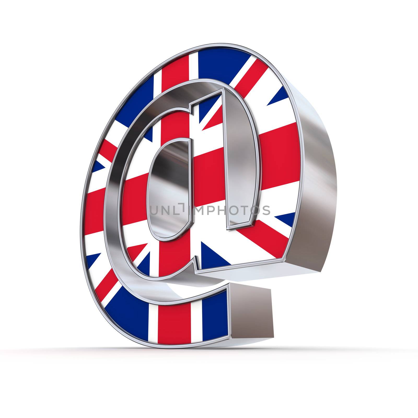 silver shiny chrome e-mail AT symbol standing on white background with United Kingdom flag texture