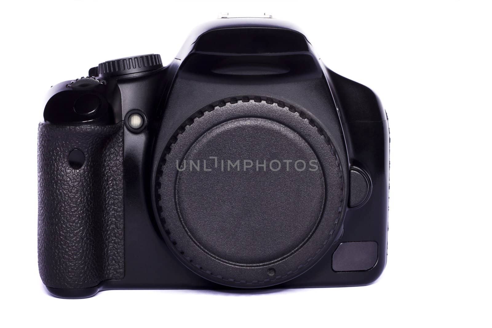 Close view of a modern photographic DSLR camera isolated on a white background.