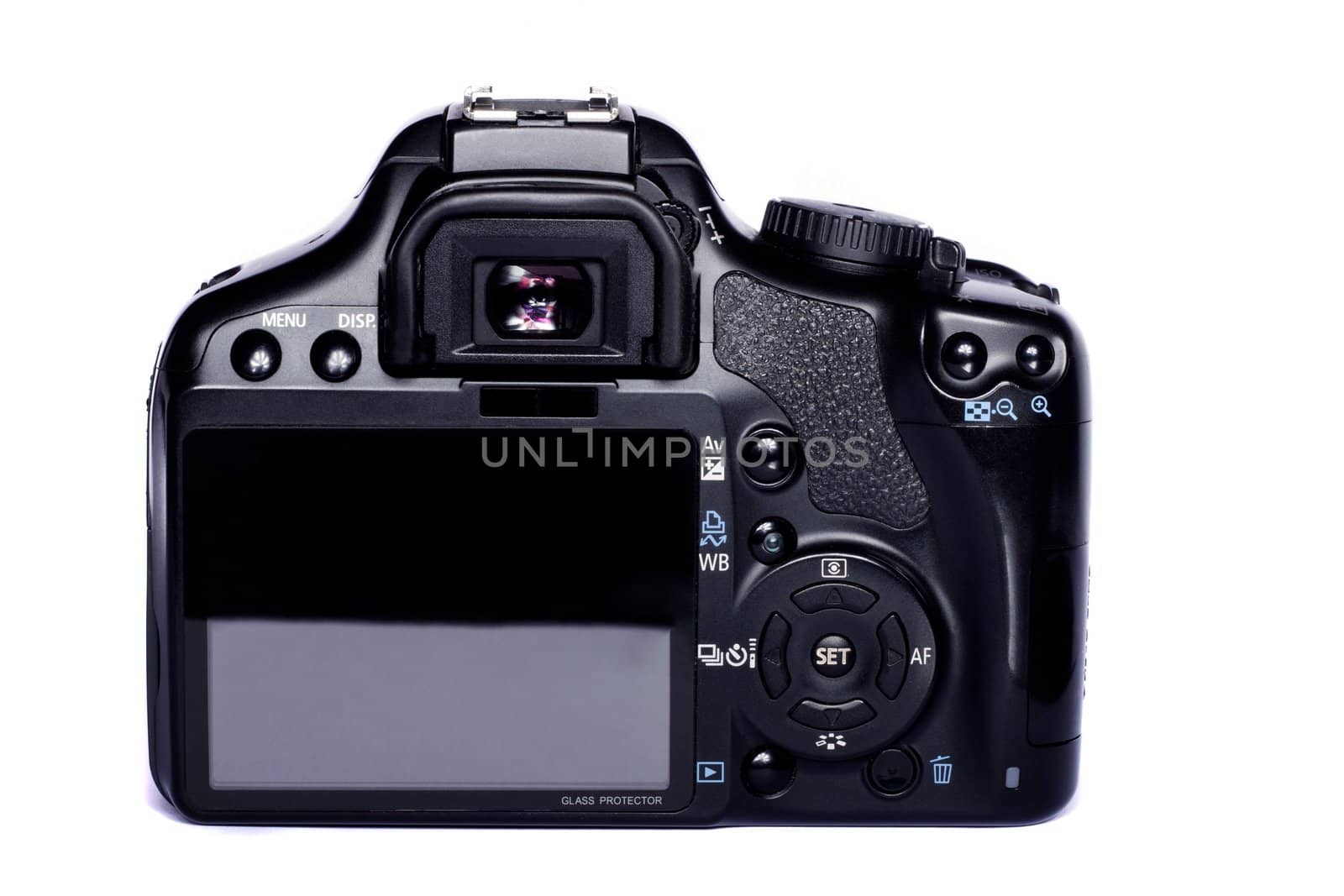 Close view of a modern photographic DSLR camera isolated on a white background.