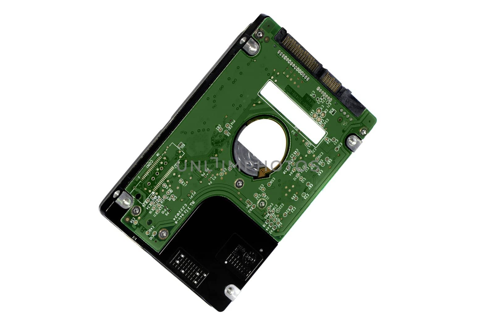 Close view detail of a laptop harddisk isolated on a white background.