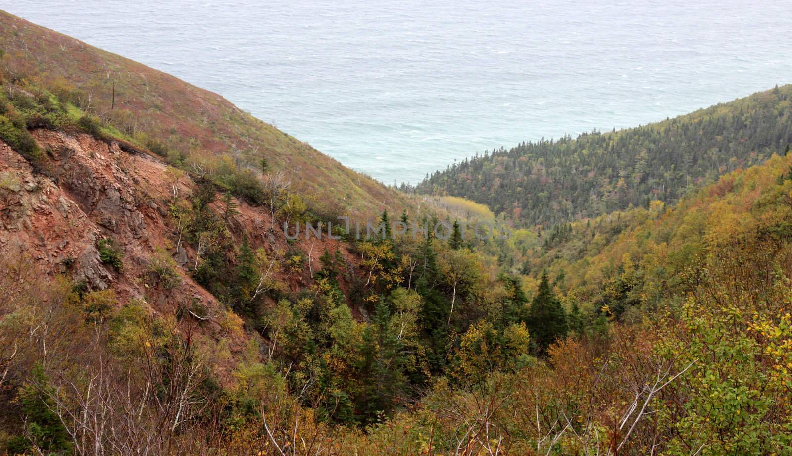 The rolling cliff like hills of Cape Breton Highlands national park in Nova Scotia, Canada.
