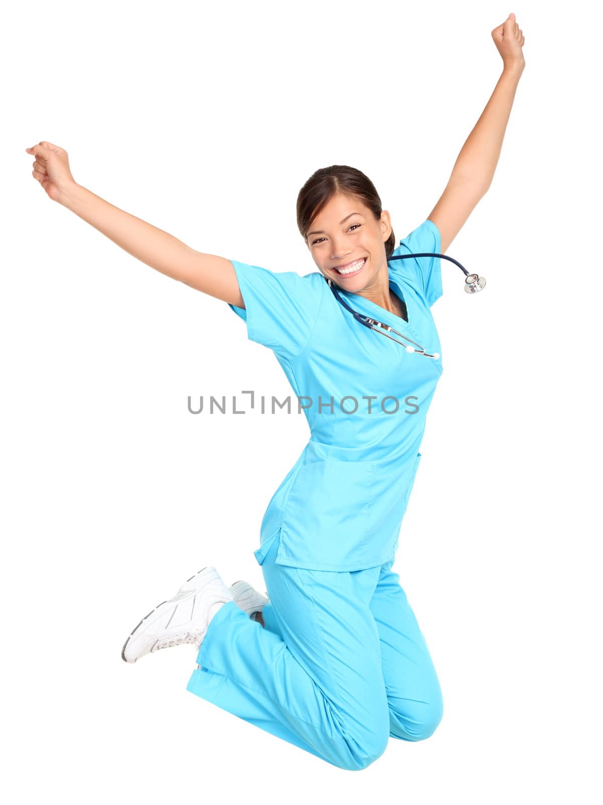 Nurse woman excited, happy and jumping. Female nurse or young medical professional / student jumping of joy. Isolated on white background.
