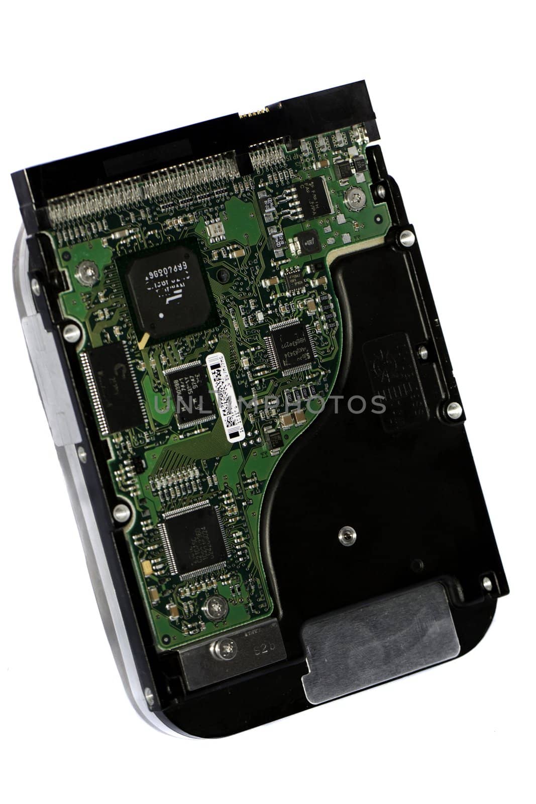 close view detail of a computer harddrive isolated on a white background.