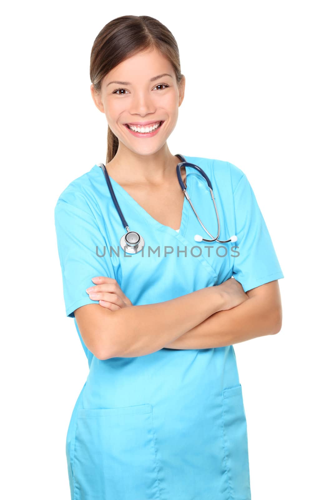 Nurse. Portrait on young woman nurse / medical student in her mid 20s. Isolated on white background. Mixed Asian / Caucasian model.