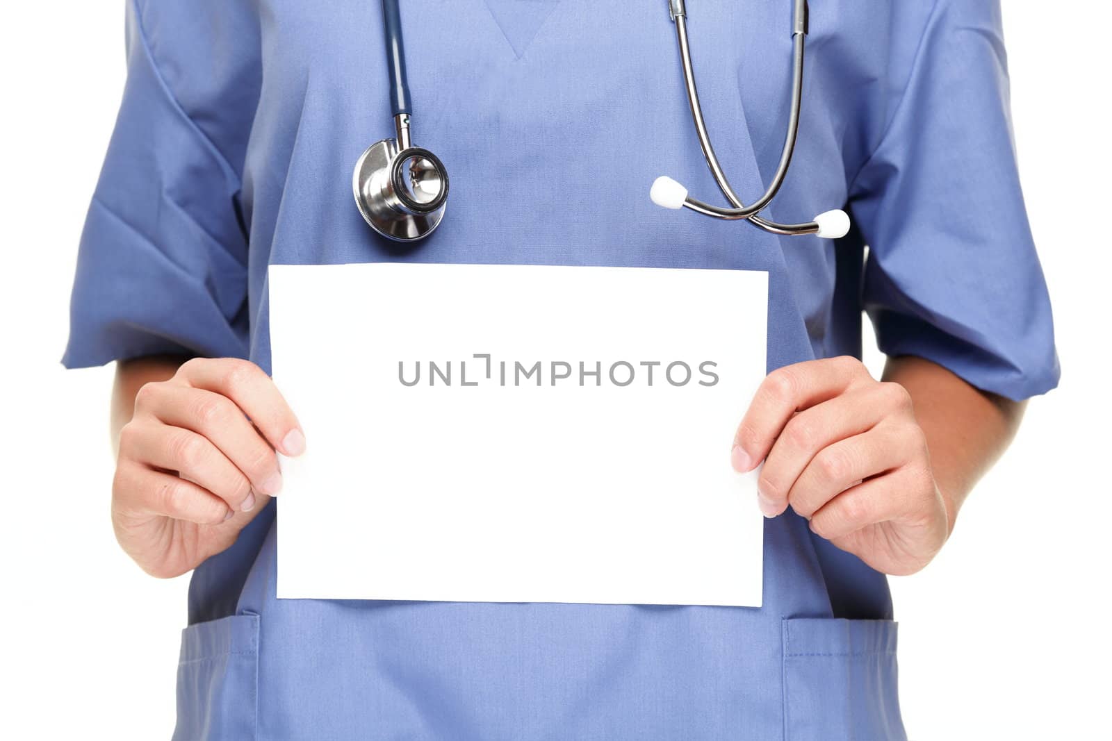 Doctor or woman nurse showing blank empty sign with copy space for text. Isolated on white background.