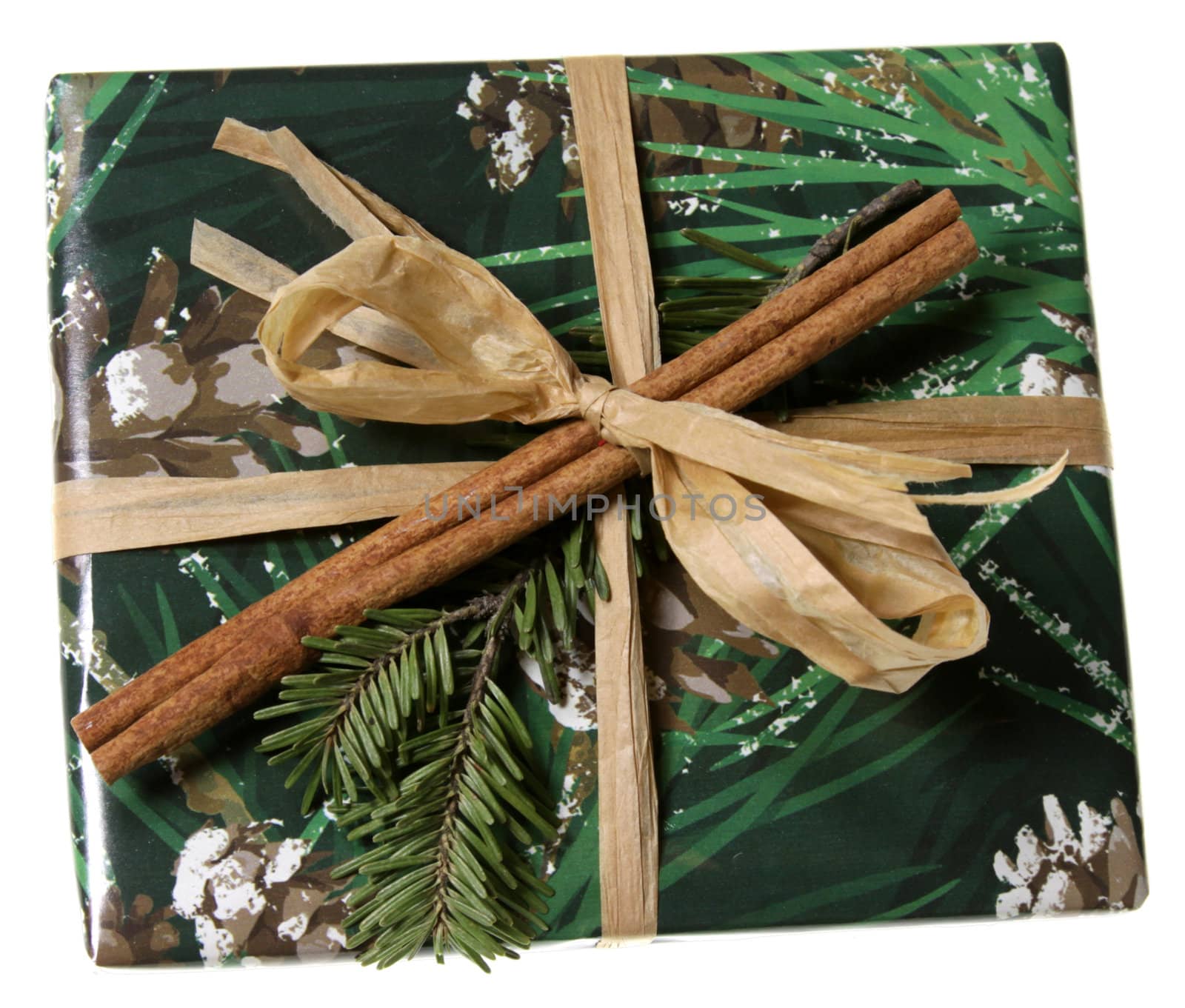 A beautifully wrapped Christmas present, featuring green paper, cinnamon, and spruce branch.