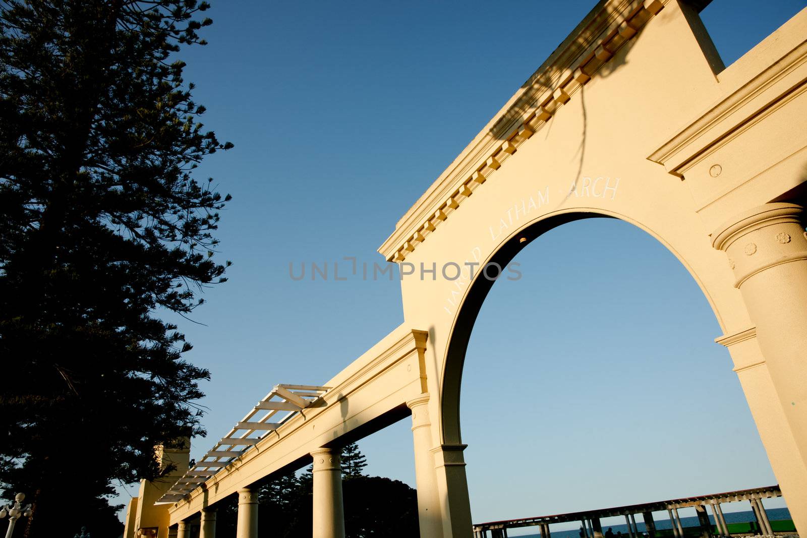 Italian style colonnade on Napier waterfront, erected as a memorial to earthquake in 1931. New Zealand.