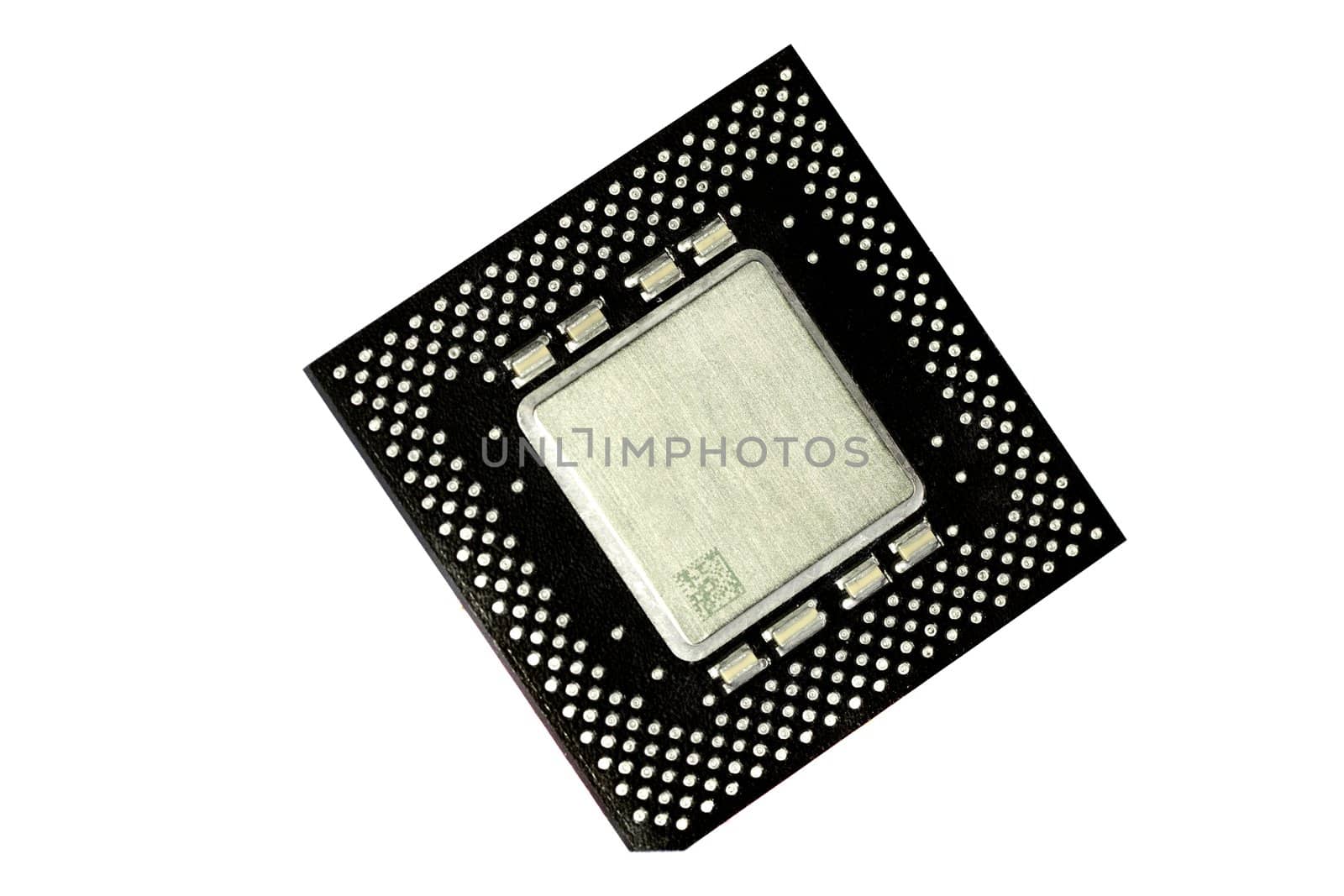 Close view detail of a computer microprocessor with a golden light.