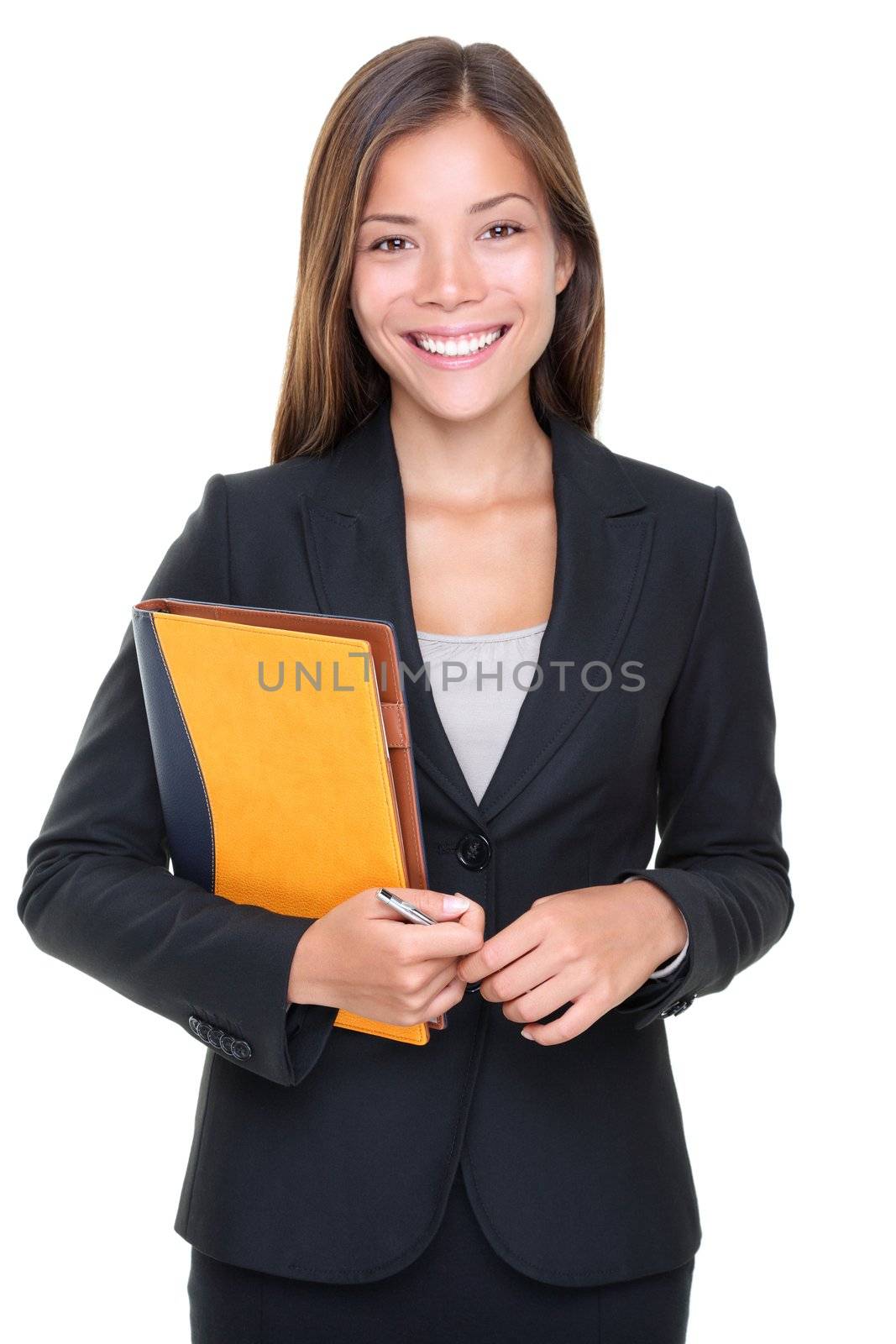 Beautiful asian real estate agent businesswoman waist up isolated on white background.