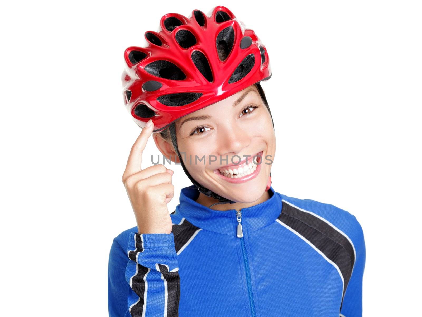 Biking helmet woman pointing at bicycle helmet ? remember to wear your bike helmet! Beautiful young chinese asian / caucasian woman isolated on white background.