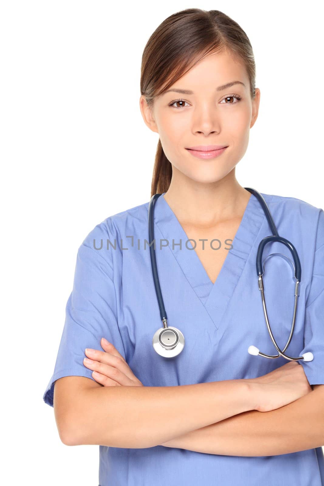 Medical person: Nurse / young doctor portrait. Confident young woman medical professional isolated on white background. Young pretty multiracial Asian / Caucasian female model.