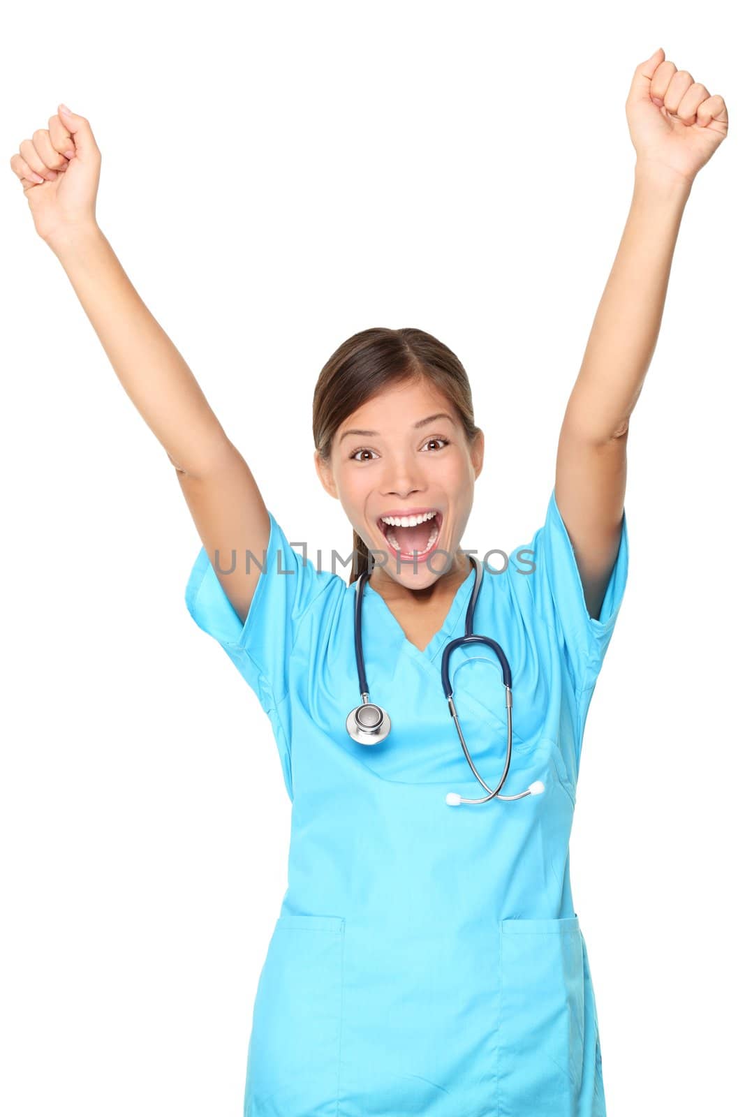 Nurse excited. Happy cheerful woman nurse (or young doctor) with arms up. Isolated on white background. Young mixed-race Asian / Caucasian female medical professional.