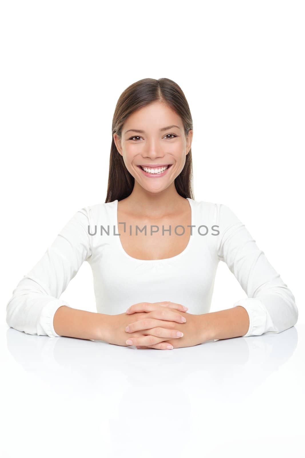Woman in white sitting by table by Maridav