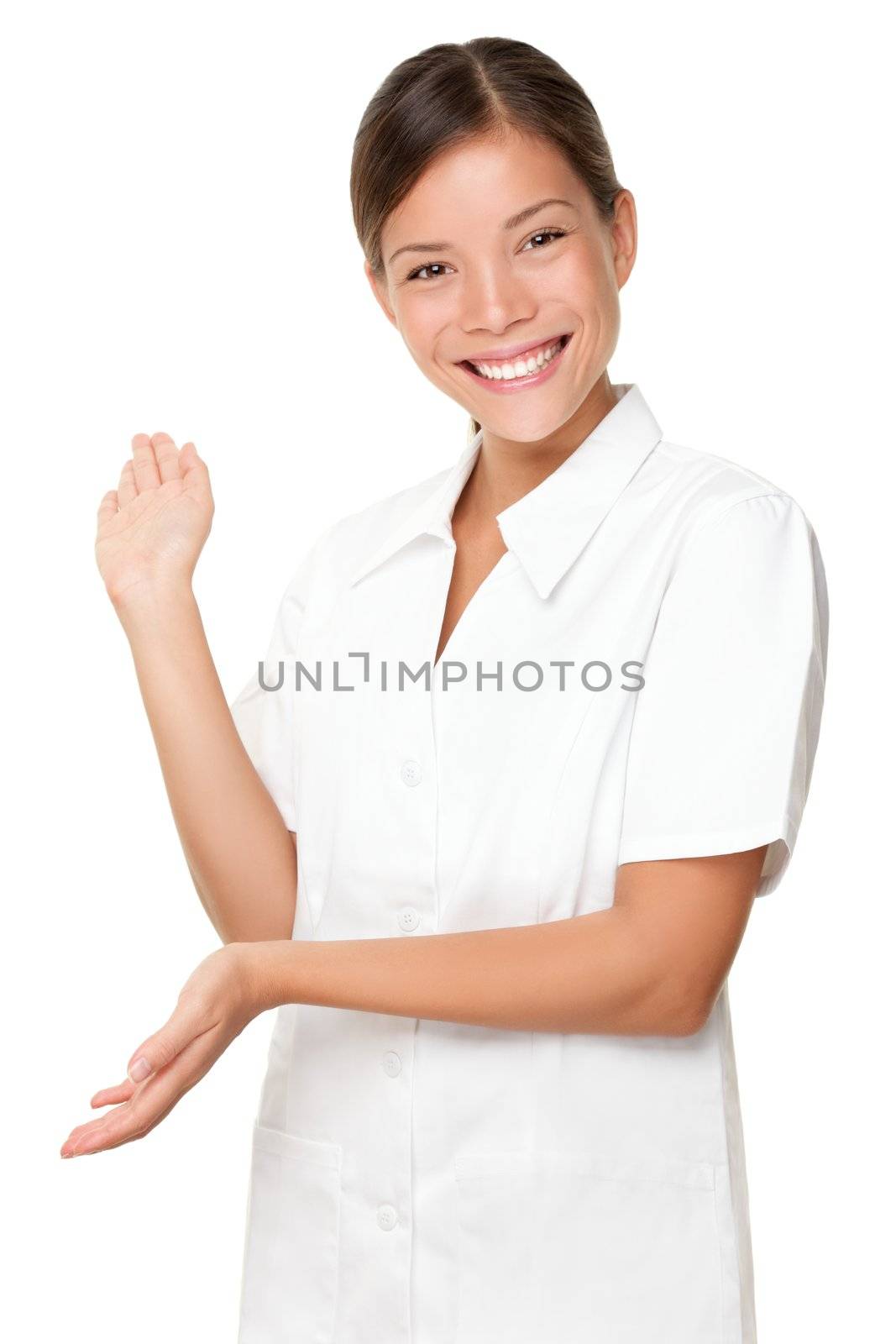 Massage therapist / beautician. Spa care woman showing copyspace on white background.