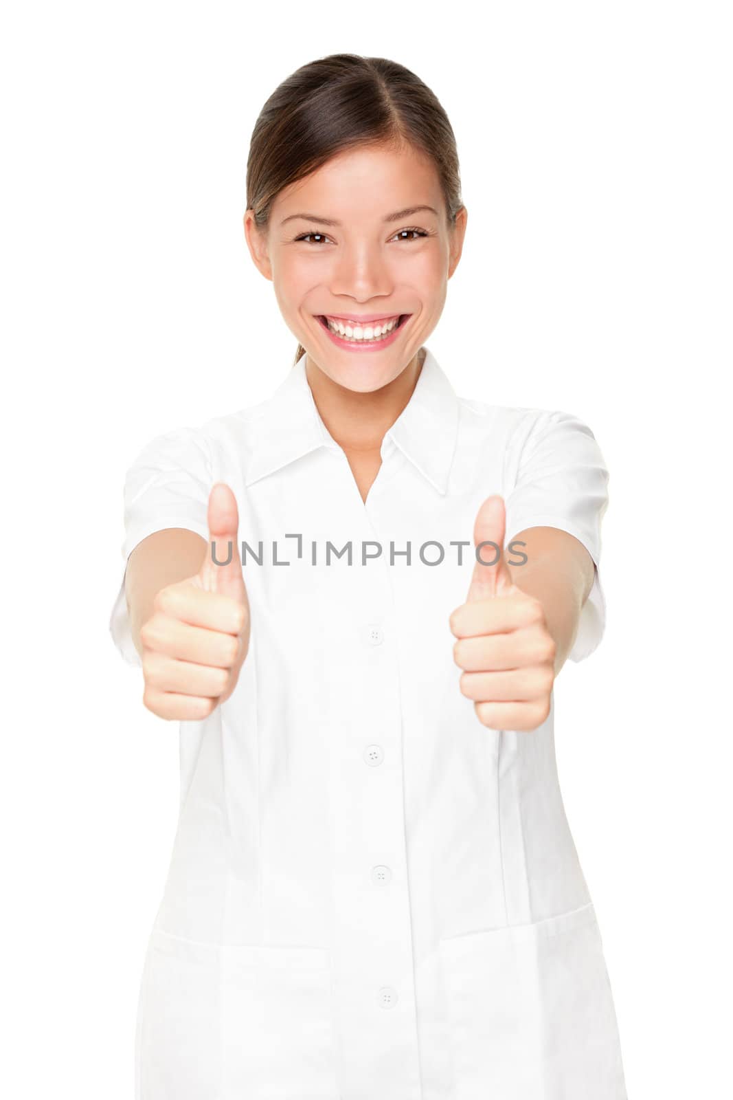 Beauty therapist spa care woman. Happy beautician giving thumbs up success sign.