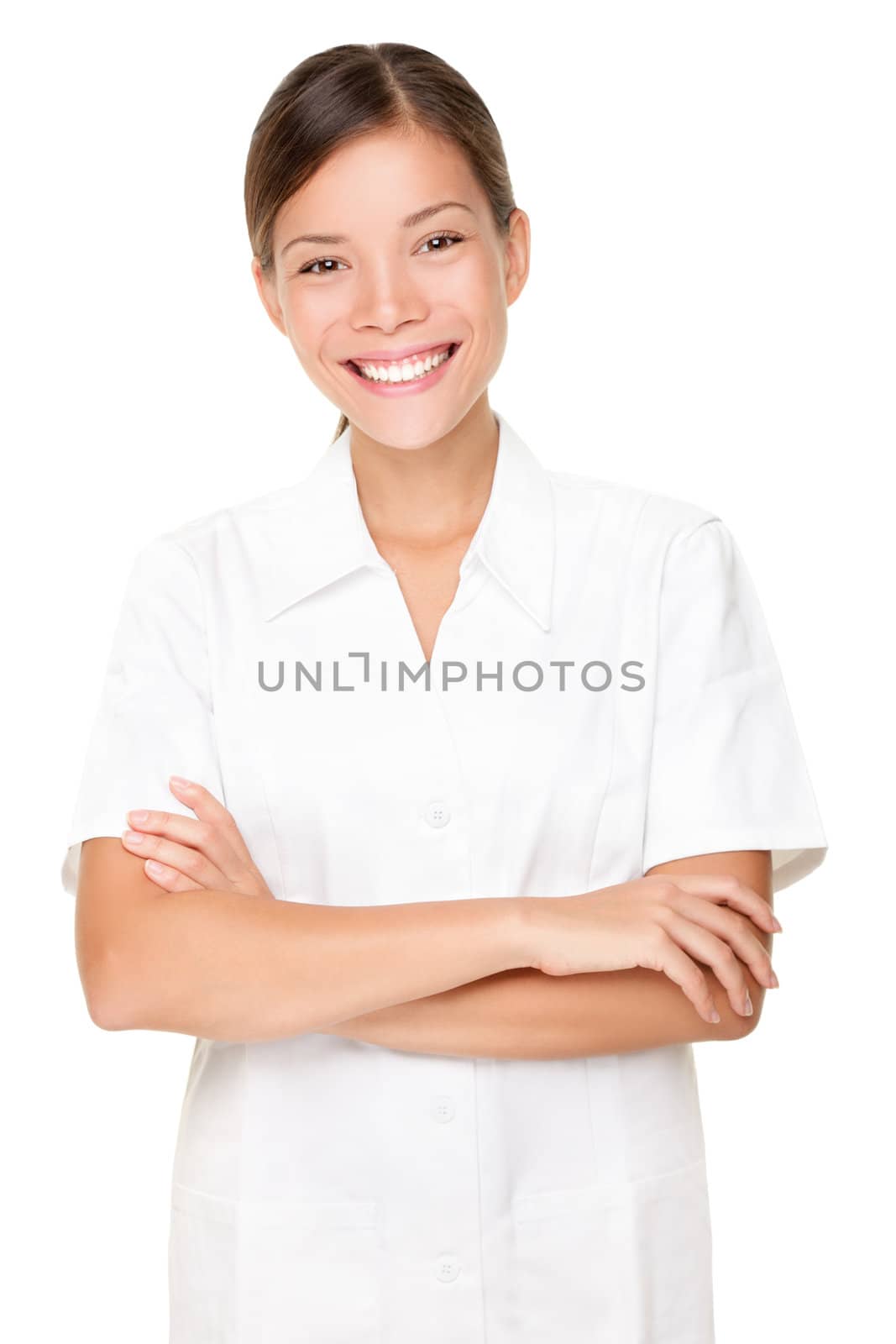 Beautician. Beauty spa massage therapist woman portrait isolated on white background. Mixed race Asian Caucasian model.