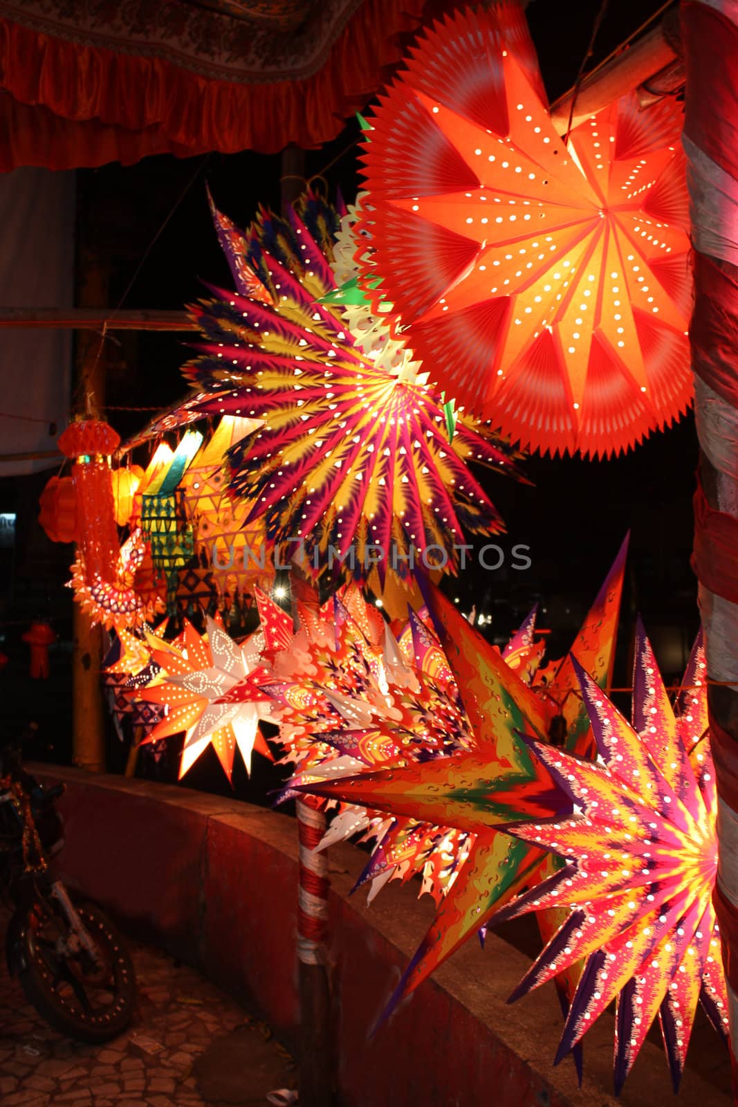 Beautiful lanterns in bright colors put for decoration on the streets.
