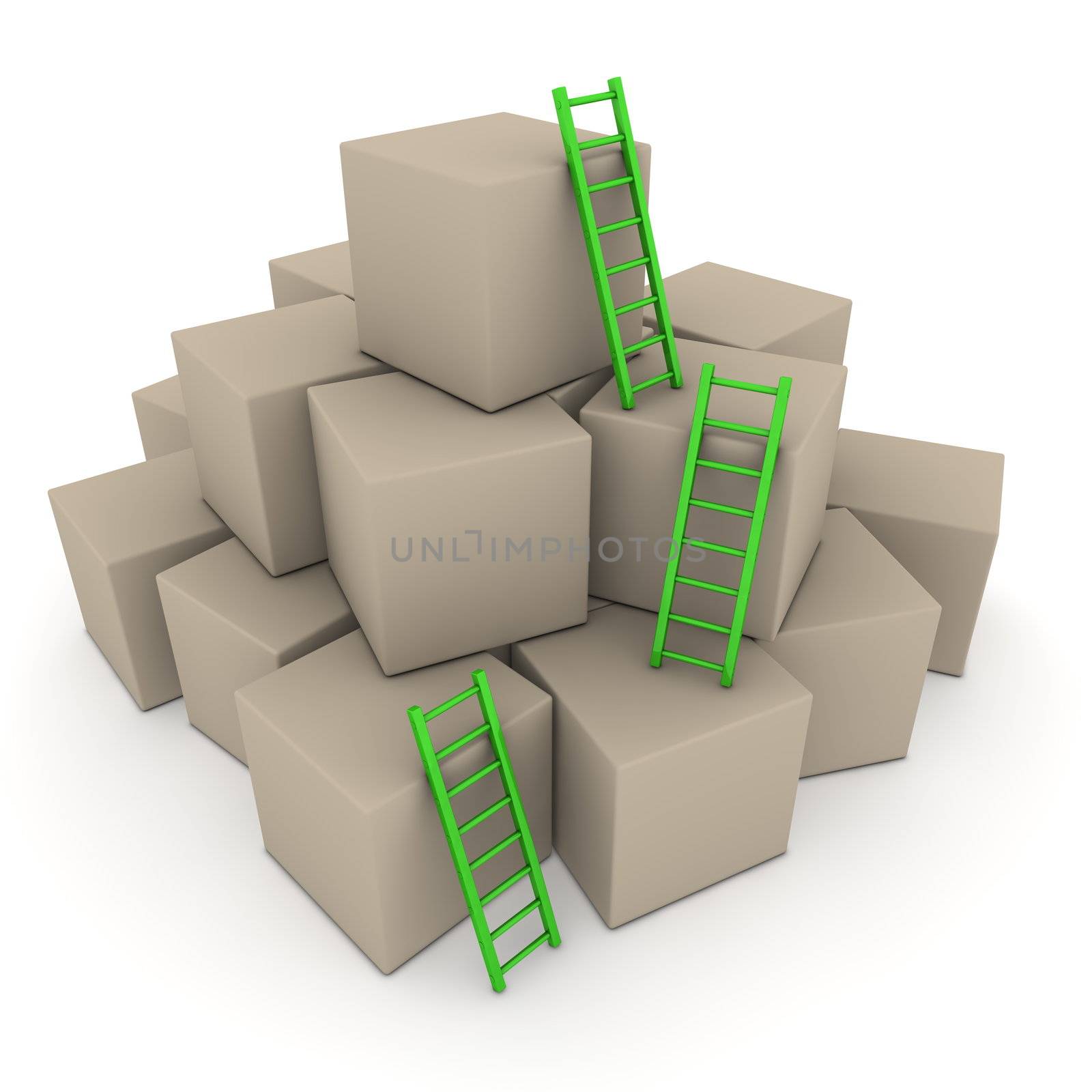 a pile of cardboard boxes - three green glossy ladders are used to climb to the top