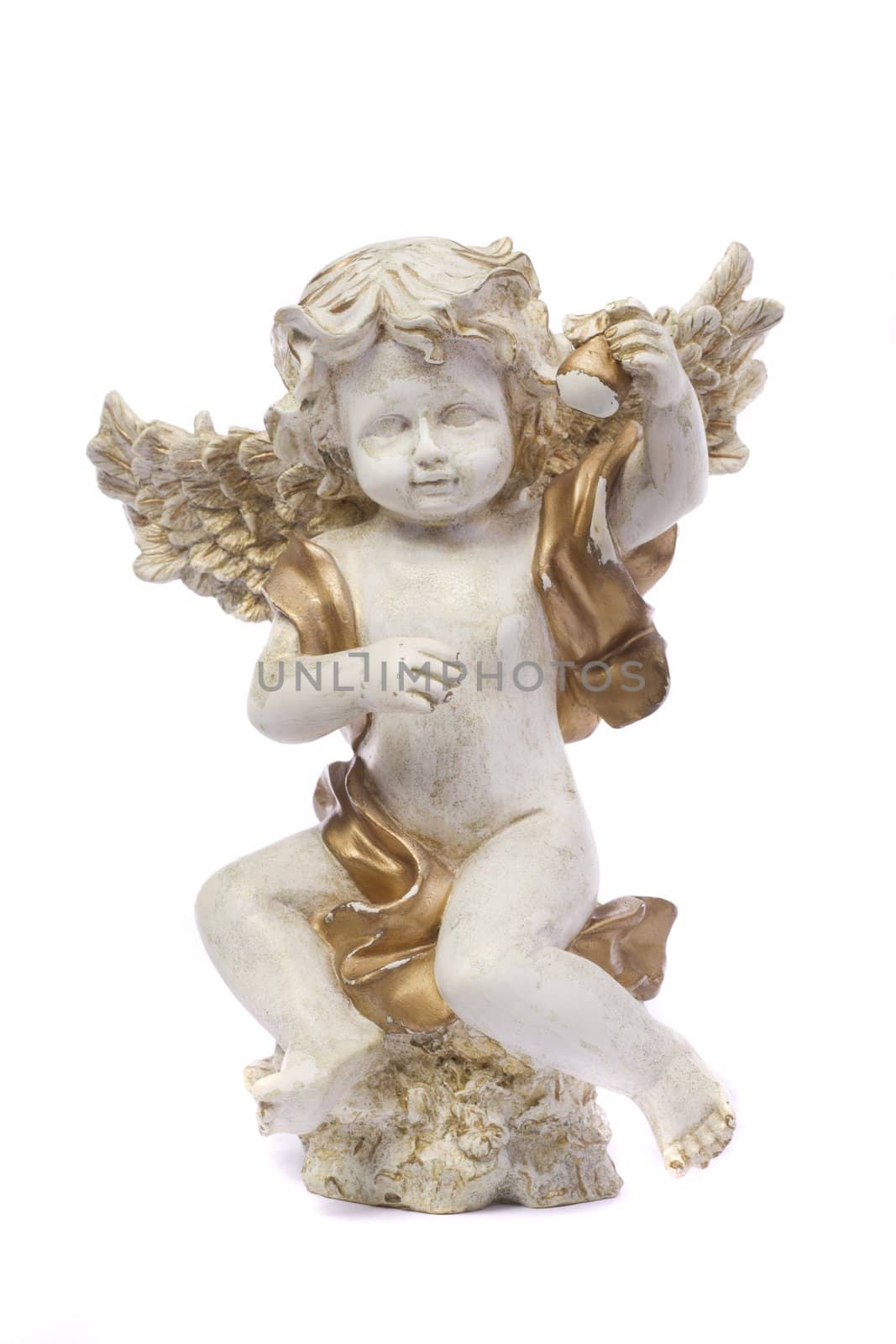 Close up view detail of a ceramic angel isolated on a white background.