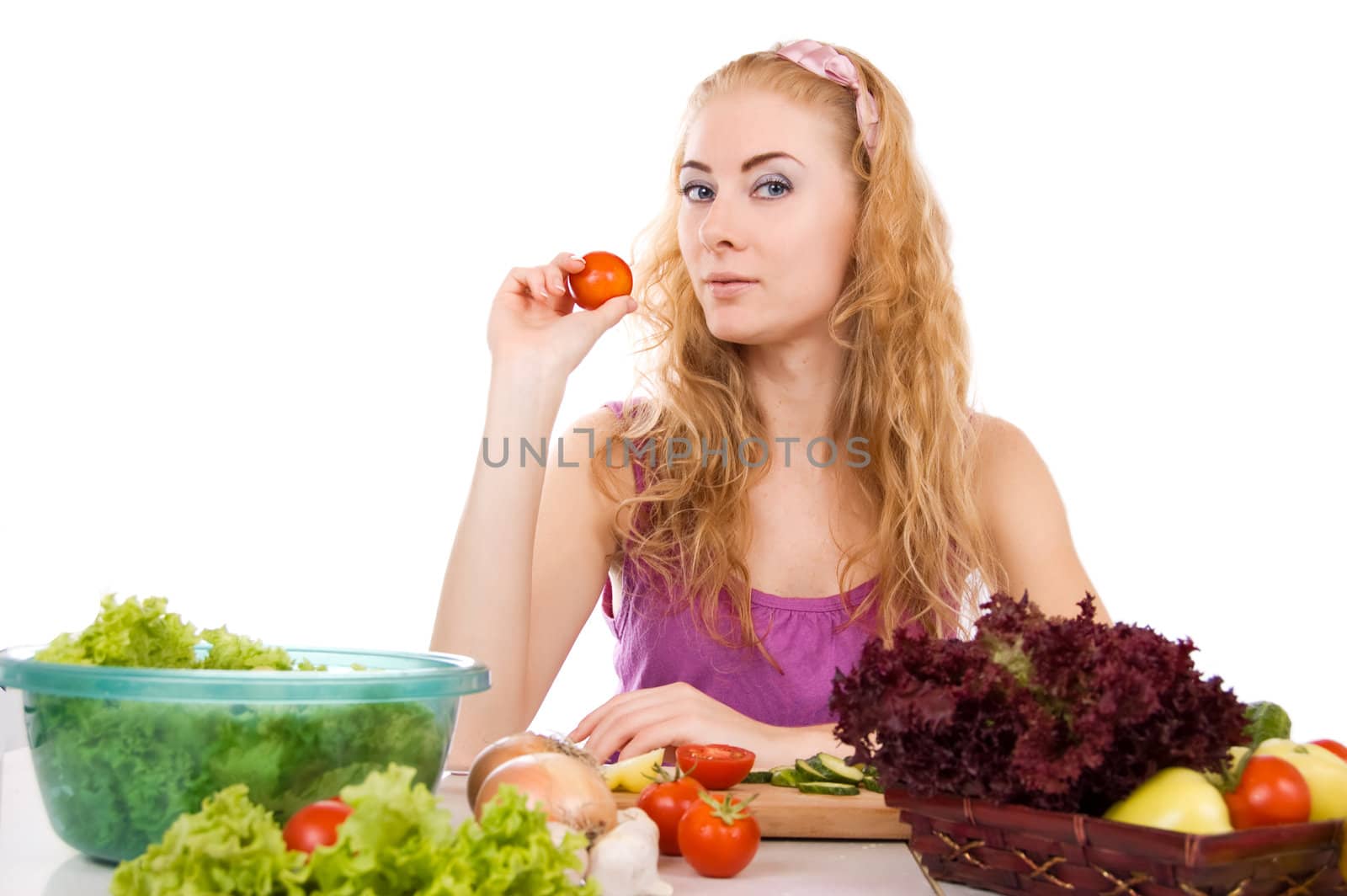 Pretty woman with vegetables over white background