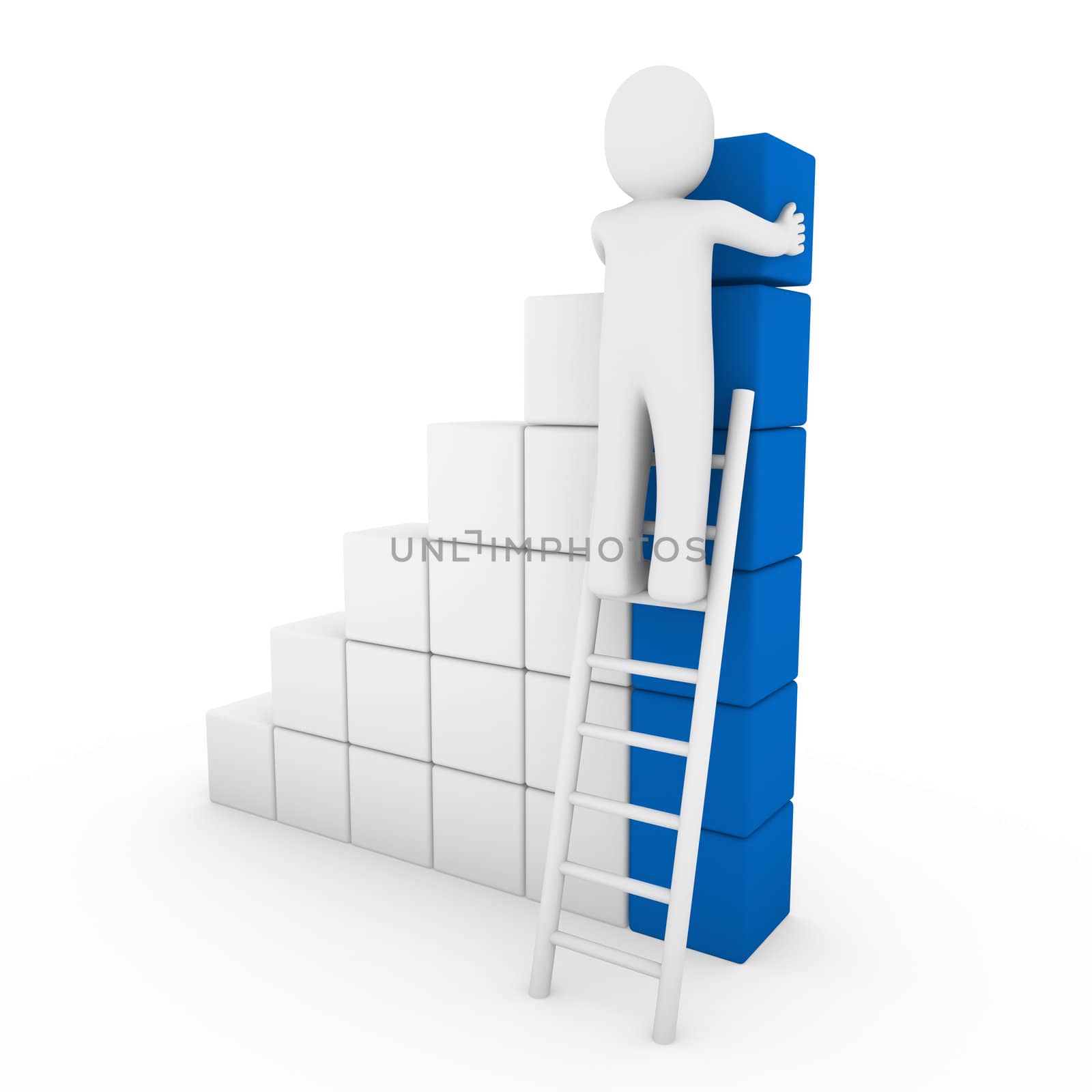 3d human cube ladder blue white success business isolated